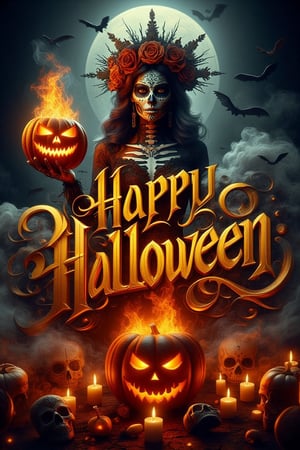 "A suspenseful and foreboding atmosphere cinematic featuring prominently displayed bold cursive gold 3D lettering name logo "HAPPY HALLOWEEN" right in the middle, illustration of a woman in Day of the Dead makeup and skull dress holding a Halloween scary pumpkin horror that is bad and old on fire with a menacing face smoke in the dark background, surrounded by Halloween scary pumpkin horror, candles and skulls below, against the background of a horrible floating full moon and flying bats, creepy and scary concept, digital art design, vibrant colors, haunting atmosphere, detailed textures, cinematic lighting, 4k resolution"    