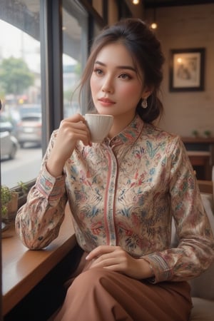 a stunning woman seated in a classy coffee cafe, exuding elegance, dressed in exquisite satin shirt attire, With a serene expression, she enjoys a cup of coffee, gazing thoughtfully through the window at the bustling cityscape or a picturesque view outside. The scene captures a blend of cultural charm and contemporary style, inviting viewers to appreciate the beauty and poise of the modern malay woman in a relaxed urban