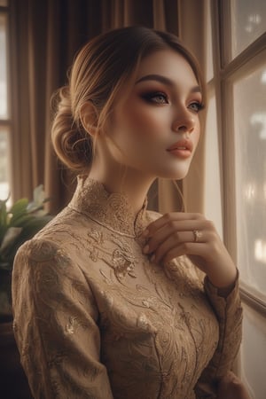 A majestic profile portrait: a stunning woman stands serenely near a window, bathed in soft, natural light that accentuates her features. Her loose updo showcases delicate tendrils framing her face, as she wears a lace dress with intricate details, exuding timeless beauty.,ExquisitefashionXthejaa,LADYKOPI27,culturalfashionXthejaa