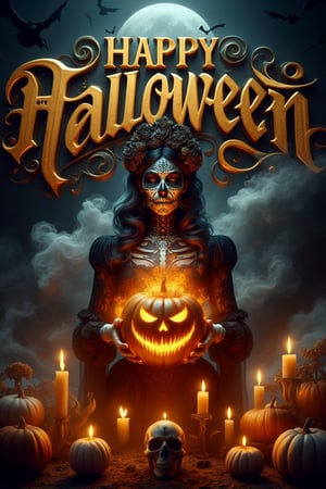 A cinematic masterpiece unfolds: A dark, foreboding landscape sets the stage for a haunting Halloween scene. In the center, bold cursive gold 3D lettering proudly displays 'HAPPY HALLOWEEN' against a backdrop of a floating full moon and flying bats. A woman donning Day of the Dead makeup and a skull-adorned dress grasps an old, fire-illuminated pumpkin with a menacing face, surrounded by flickering candles and skulls. The air is thick with smoke and an eerie glow emanates from the burning pumpkin. In stunning 4K resolution, every detail - from the woman's intricate costume to the textures of the pumpkins and skulls - comes alive in a tapestry of vibrant colors and cinematic lighting.