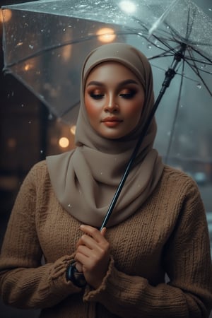 Prompt: In a cinematic setting bathed in moody lighting, a stunning lady wearing a hijab and modestly intricately long knitwear stands confidently amidst torrential rain, her flawless complexion radiating warmth against the grey backdrop. Framed by the rain-soaked environment, she grasps a transparent umbrella, its colors popping against the drizzle. Her defined eyebrows and subtle eyeshadow accentuate her detailed eyes, while invitingly plump lips seem to beckon the viewer. The photorealistic rendering is so lifelike that raindrops glistening on her hijab appear ready to be touched.