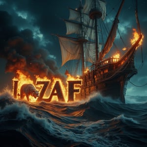 A cinematic shot of a dark and sinister turbulent sea on a completely dark night. In the foreground, a big white tiger is between the flickering flames. The large white tiger breathes fire towards the center of the turbulent ocean and over the word "LAZIAF" which is shown in black three-dimensional letters in bold. The letters are engulfed in a furious hell. Smoke fills the air, adding to the sinister and dramatic atmosphere of the scene, with the pirate ship as the perfect background for this spectacular and electrifying display.