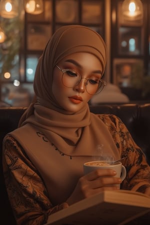 In this intimate setting, Tejaa, a Malaysian woman, sits cozily amidst the warm glow of a café. Her hijab is neatly tied, framing her defined eyebrows and subtle eyeshadow. Her sparkling rectangle-rimmed glasses and beautifully made-up face exude refinement. Engrossed in reading, she sips from a steaming hot cup of coffee as soft lighting enhances the atmosphere. The cursive bold font 'TEJAA' adds tactile quality to the scene. A shallow depth of field and gentle lens flare evoke timeless beauty, captured in 8K resolution with a medium format digital camera.,knitwearstyleXthejaa,LADYKOPI27