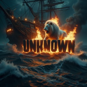 A cinematic shot of a dark and sinister turbulent sea on a completely dark night. In the foreground, a big white lion is between the flickering flames. The large white lion breathes fire towards the center of the turbulent ocean and over the word "UNKNOWN" which is shown in black three-dimensional letters in bold. The letters are engulfed in a furious hell. Smoke fills the air, adding to the sinister and dramatic atmosphere of the scene, with the pirate ship as the perfect background for this spectacular and electrifying display.