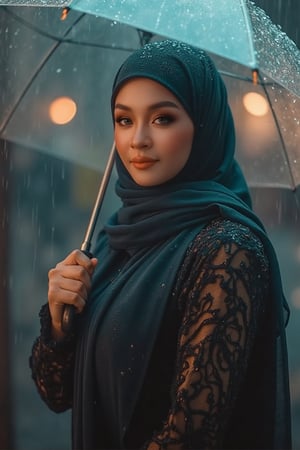 Prompt: In a cinematic setting bathed in moody lighting, a stunning lady wearing a hijab and modestly intricately long knitwear stands confidently amidst torrential rain, her flawless complexion radiating warmth against the grey backdrop. Framed by the rain-soaked environment, she grasps a transparent umbrella, its colors popping against the drizzle. Her defined eyebrows and subtle eyeshadow accentuate her detailed eyes, while invitingly plump lips seem to beckon the viewer. The photorealistic rendering is so lifelike that raindrops glistening on her hijab appear ready to be touched.