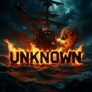 A cinematic shot of a dark and sinister turbulent sea on a completely dark night. In the foreground, a big lion is between the flickering flames. The large lion breathes fire towards the center of the turbulent ocean and over the word "UNKNOWN" which is shown in black three-dimensional letters in bold. The letters are engulfed in a furious hell. Smoke fills the air, adding to the sinister and dramatic atmosphere of the scene, with the pirate ship as the perfect background for this spectacular and electrifying display.