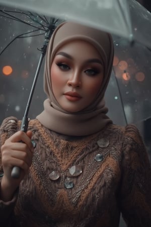 Prompt: In a cinematic setting bathed in moody lighting, a stunning lady wearing a hijab and modestly intricately long knitwear stands confidently amidst torrential rain, her flawless complexion radiating warmth against the grey backdrop. Framed by the rain-soaked environment, she grasps a transparent umbrella, its colors popping against the drizzle. Her defined eyebrows and subtle eyeshadow accentuate her detailed eyes, while invitingly plump lips seem to beckon the viewer. The photorealistic rendering is so lifelike that raindrops glistening on her hijab appear ready to be touched.