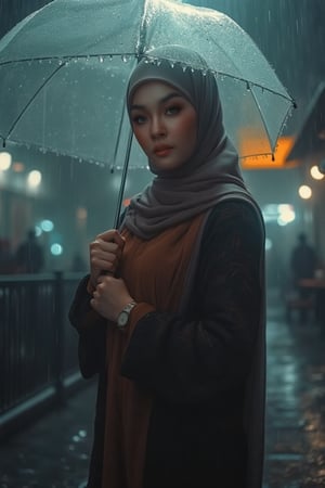 Prompt: In a cinematic setting bathed in moody lighting, a stunning lady wearing a hijab and modestly intricately long knitwear stands confidently amidst torrential rain, her flawless complexion radiating warmth against the grey backdrop. Framed by the rain-soaked environment, she grasps a transparent umbrella, its colors popping against the drizzle. Her defined eyebrows and subtle eyeshadow accentuate her detailed eyes, while invitingly plump lips seem to beckon the viewer. The photorealistic rendering is so lifelike that raindrops glistening on her hijab appear ready to be touched.