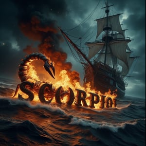 A cinematic shot of a dark and sinister turbulent sea on a completely dark night. In the foreground, a large scorpion is between the flickering flames. The large scorpion breathes fire towards the center of the turbulent ocean and over the word "SCORPIO" which is shown in black three-dimensional letters in bold. The letters are engulfed in a furious hell. Smoke fills the air, adding to the sinister and dramatic atmosphere of the scene, with the pirate ship as the perfect background for this spectacular and electrifying display.