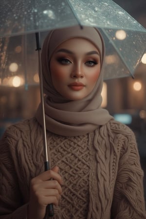 Prompt: In a cinematic setting bathed in moody lighting, a stunning lady wearing a hijab and modestly intricately long knitwear stands confidently amidst torrential rain, her flawless complexion radiating warmth against the grey backdrop. Framed by the rain-soaked environment, she grasps a transparent umbrella, its colors popping against the drizzle. Her defined eyebrows and subtle eyeshadow accentuate her detailed eyes, while invitingly plump lips seem to beckon the viewer. The photorealistic rendering is so lifelike that raindrops glistening on her hijab appear ready to be touched.