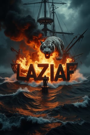 A cinematic shot of a dark and sinister turbulent sea on a completely dark night. Above the sky of turbulent sea, a white tiger is between the flickering flames. The white tiger breathes fire towards the center on a head of pirate captain standing in the middle of the pirate ship and over the word "LAZIAF" which is shown in black three-dimensional letters in bold. The letters are engulfed in a furious hell. Smoke fills the air, adding to the sinister and dramatic atmosphere of the scene, with the pirate ship on turbulent sea as the perfect background for this spectacular and electrifying display.   