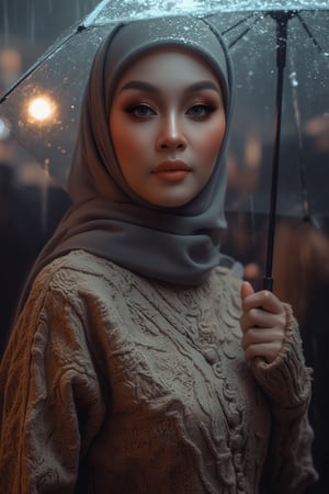 Prompt: In a cinematic setting bathed in moody lighting, a stunning lady wearing a hijab and modestly intricately long knitwear stands confidently amidst torrential rain, her flawless complexion radiating warmth against the grey backdrop. Framed by the rain-soaked environment, she grasps a transparent umbrella, its colors popping against the drizzle. Her defined eyebrows and subtle eyeshadow accentuate her detailed eyes, while invitingly plump lips seem to beckon the viewer. The photorealistic rendering is so lifelike that raindrops glistening on her hijab appear ready to be touched.