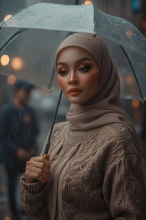 Prompt: In a cinematic setting bathed in moody lighting, a stunning lady wearing a hijab and modestly intricately long knitwear stands confidently amidst torrential rain, her flawless complexion radiating warmth against the grey backdrop. Framed by the rain-soaked environment, she grasps a transparent umbrella, its colors popping against the drizzle. Her defined eyebrows and subtle eyeshadow accentuate her detailed eyes, while invitingly plump lips seem to beckon the viewer. The photorealistic rendering is so lifelike that raindrops glistening on her hijab appear ready to be touched.