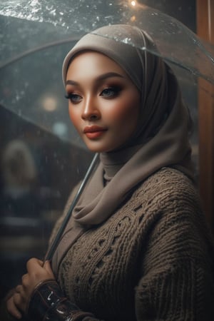 Prompt: In a cinematic setting bathed in moody lighting, a stunning lady wearing a hijab and modestly intricately long knitwear stands confidently amidst torrential rain, her flawless complexion radiating warmth against the grey backdrop. Framed by the rain-soaked environment, she grasps a transparent umbrella, its colors popping against the drizzle. Her defined eyebrows and subtle eyeshadow accentuate her detailed eyes, while invitingly plump lips seem to beckon the viewer. The photorealistic rendering is so lifelike that raindrops glistening on her hijab appear ready to be touched.