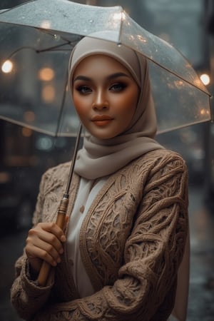 Prompt: In a cinematic setting bathed in moody lighting, a stunning lady wearing a hijab and modestly intricately long knitwear stands confidently amidst torrential rain, her flawless complexion radiating warmth against the grey backdrop. Framed by the rain-soaked environment, she grasps a transparent umbrella, its colors popping against the drizzle. Her defined eyebrows and subtle eyeshadow accentuate her detailed eyes, while invitingly plump lips seem to beckon the viewer. The photorealistic rendering is so lifelike that raindrops glistening on her hijab appear ready to be touched.