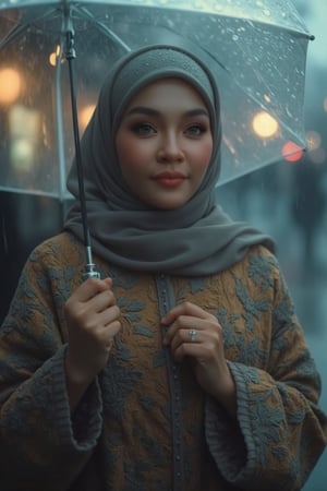 Prompt: In a cinematic setting bathed in moody lighting, a stunning lady wearing a hijab and modestly intricately long knitwear stands confidently amidst torrential rain, her flawless complexion radiating warmth against the grey backdrop. Framed by the rain-soaked environment, she grasps a transparent umbrella, its colors popping against the drizzle. Her defined eyebrows and subtle eyeshadow accentuate her detailed eyes, while invitingly plump lips seem to beckon the viewer. The photorealistic rendering is so lifelike that raindrops glistening on her hijab appear ready to be touched.