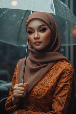 Prompt: In a cinematic setting bathed in moody lighting, a stunning lady wearing a hijab and modestly intricately long knitwear stands confidently amidst torrential rain, her flawless complexion radiating warmth against the grey backdrop. Framed by the rain-soaked environment, she grasps a transparent umbrella, its colors popping against the drizzle. Her defined eyebrows and subtle eyeshadow accentuate her detailed eyes, while invitingly plump lips seem to beckon the viewer. The photorealistic rendering is so lifelike that raindrops glistening on her hijab appear ready to be touched.