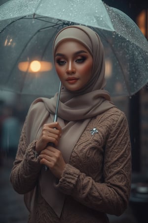 Prompt: In a cinematic setting bathed in moody lighting, a stunning lady wearing a hijab and modestly intricately long knitwear stands confidently amidst torrential rain, her flawless complexion radiating warmth against the grey backdrop. Framed by the rain-soaked environment, she grasps a transparent umbrella, its colors popping against the drizzle. Her defined eyebrows and subtle eyeshadow accentuate her detailed eyes, while invitingly plump lips seem to beckon the viewer. The photorealistic rendering is so lifelike that raindrops glistening on her hijab appear ready to be touched.