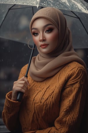 Prompt: In a cinematic setting bathed in moody lighting, a stunning lady wearing a hijab and modestly intricately long knitwear stands confidently amidst torrential rain, her flawless complexion radiating warmth against the grey backdrop. Framed by the rain-soaked environment, she grasps a transparent umbrella, its colors popping against the drizzle. Her defined eyebrows and subtle eyeshadow accentuate her detailed eyes, while invitingly plump lips seem to beckon the viewer. The photorealistic rendering is so lifelike that raindrops glistening on her hijab appear ready to be touched.