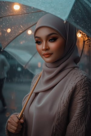 Prompt: In a cinematic setting bathed in moody lighting, a stunning lady wearing a hijab and modestly intricately long knitwear stands confidently amidst torrential rain, her flawless complexion radiating warmth against the grey backdrop. Framed by the rain-soaked environment, she grasps a transparent umbrella, its colors popping against the drizzle. Her defined eyebrows and subtle eyeshadow accentuate her detailed eyes, while invitingly plump lips seem to beckon the viewer. The photorealistic rendering is so lifelike that raindrops glistening on her hijab appear ready to be touched.