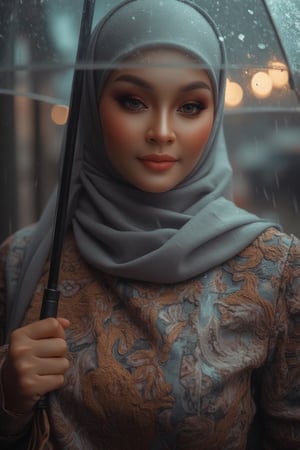 Prompt: In a cinematic setting bathed in moody lighting, a stunning lady wearing a hijab and modestly intricately long knitwear stands confidently amidst torrential rain, her flawless complexion radiating warmth against the grey backdrop. Framed by the rain-soaked environment, she grasps a transparent umbrella, its colors popping against the drizzle. Her defined eyebrows and subtle eyeshadow accentuate her detailed eyes, while invitingly plump lips seem to beckon the viewer. The photorealistic rendering is so lifelike that raindrops glistening on her hijab appear ready to be touched.