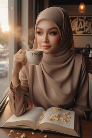 A Malay woman with an amazing face, dewy skin× and exquisite make-up with casual attire, sitting in a quiet wooden cafe, drinking smoky hot coffee with written "(((THEJAA)))" in bold cursive on the cup, reading by the window, scattered flower petals, wearing a billowing chiffon hijab with intricate folds, defined eyebrows, subtle eyeshadow, detailed eyes and lips, skin color glossy lips, barbie doll contact lenses, serene expression, a splash of scattered golden flower petals from the open book , golden hour backlighting, dramatic chiaroscuro, muted earth tones, warm amber glow, hyperrealistic detail, 8K resolution, shallow depth of field, lens flare 