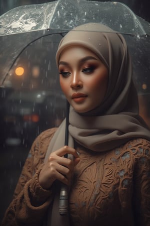 Prompt: In a cinematic setting bathed in moody lighting, a stunning lady wearing a hijab and modestly intricately long knitwear stands confidently amidst torrential rain, her flawless complexion radiating warmth against the grey backdrop. Framed by the rain-soaked environment, she grasps a transparent umbrella, its colors popping against the drizzle. Her defined eyebrows and subtle eyeshadow accentuate her detailed eyes, while invitingly plump lips seem to beckon the viewer. The photorealistic rendering is so lifelike that raindrops glistening on her hijab appear ready to be touched.