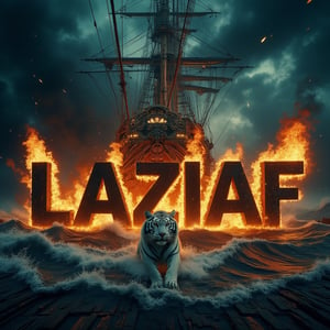 A cinematic shot of a dark and sinister turbulent sea on a completely dark night. In the foreground, a big white tiger is between the flickering flames. The large white tiger breathes fire towards the center of the turbulent ocean and over the word "LAZIAF" which is shown in black three-dimensional letters in bold. The letters are engulfed in a furious hell. Smoke fills the air, adding to the sinister and dramatic atmosphere of the scene, with the pirate ship as the perfect background for this spectacular and electrifying display.