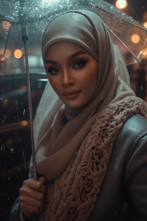 Prompt: In a cinematic setting bathed in moody lighting, a stunning lady wearing a hijab and modestly intricately long knitwear stands confidently amidst torrential rain, her flawless complexion radiating warmth against the grey backdrop. Framed by the rain-soaked environment, she grasps a transparent umbrella, its colors popping against the drizzle. Her defined eyebrows and subtle eyeshadow accentuate her detailed eyes, while invitingly plump lips seem to beckon the viewer. The photorealistic rendering is so lifelike that raindrops glistening on her hijab appear ready to be touched.