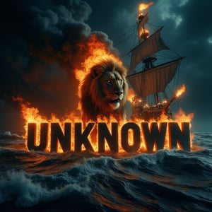 A cinematic shot of a dark and sinister turbulent sea on a completely dark night. In the foreground, a big lion is between the flickering flames. The large lion breathes fire towards the center of the turbulent ocean and over the word "UNKNOWN" which is shown in black three-dimensional letters in bold. The letters are engulfed in a furious hell. Smoke fills the air, adding to the sinister and dramatic atmosphere of the scene, with the pirate ship as the perfect background for this spectacular and electrifying display.