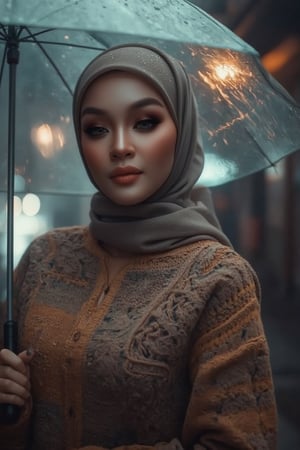 Prompt: In a cinematic setting bathed in moody lighting, a stunning lady wearing a hijab and modestly intricately long knitwear stands confidently amidst torrential rain, her flawless complexion radiating warmth against the grey backdrop. Framed by the rain-soaked environment, she grasps a transparent umbrella, its colors popping against the drizzle. Her defined eyebrows and subtle eyeshadow accentuate her detailed eyes, while invitingly plump lips seem to beckon the viewer. The photorealistic rendering is so lifelike that raindrops glistening on her hijab appear ready to be touched.