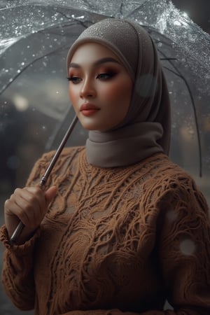 Prompt: In a cinematic setting bathed in moody lighting, a stunning lady wearing a hijab and modestly intricately long knitwear stands confidently amidst torrential rain, her flawless complexion radiating warmth against the grey backdrop. Framed by the rain-soaked environment, she grasps a transparent umbrella, its colors popping against the drizzle. Her defined eyebrows and subtle eyeshadow accentuate her detailed eyes, while invitingly plump lips seem to beckon the viewer. The photorealistic rendering is so lifelike that raindrops glistening on her hijab appear ready to be touched.