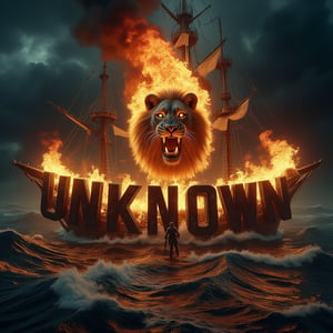 A cinematic shot of a dark and sinister turbulent sea on a completely dark night. Above the sky of turbulent sea, a lion is between the flickering flames. The lion breathes fire towards the center on a head of pirate captain standing in the middle of the pirate ship and over the word "UNKNOWN" which is shown in black three-dimensional letters in bold. The letters are engulfed in a furious hell. Smoke fills the air, adding to the sinister and dramatic atmosphere of the scene, with the pirate ship on turbulent sea as the perfect background for this spectacular and electrifying display.   