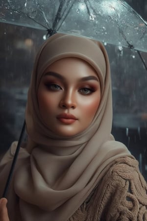 Prompt: In a cinematic setting bathed in moody lighting, a stunning lady wearing a hijab and modestly intricately long knitwear stands confidently amidst torrential rain, her flawless complexion radiating warmth against the grey backdrop. Framed by the rain-soaked environment, she grasps a transparent umbrella, its colors popping against the drizzle. Her defined eyebrows and subtle eyeshadow accentuate her detailed eyes, while invitingly plump lips seem to beckon the viewer. The photorealistic rendering is so lifelike that raindrops glistening on her hijab appear ready to be touched.