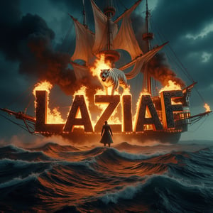 A cinematic shot of a dark and sinister turbulent sea on a completely dark night. Above the sky of turbulent sea, a white tiger is between the flickering flames. The white tiger breathes fire towards the center on a head of pirate captain standing in the middle of the pirate ship and over the word "LAZIAF" which is shown in black three-dimensional letters in bold. The letters are engulfed in a furious hell. Smoke fills the air, adding to the sinister and dramatic atmosphere of the scene, with the pirate ship on turbulent sea as the perfect background for this spectacular and electrifying display.   