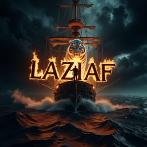 A cinematic shot of a dark and sinister turbulent sea on a completely dark night. Above the sky of turbulent sea, a white tiger is between the flickering flames. The white tiger breathes fire towards the center on a head of pirate captain standing in the middle of the pirate ship and over the word "LAZIAF" which is shown in black three-dimensional letters in bold. The letters are engulfed in a furious hell. Smoke fills the air, adding to the sinister and dramatic atmosphere of the scene, with the pirate ship on turbulent sea as the perfect background for this spectacular and electrifying display.   