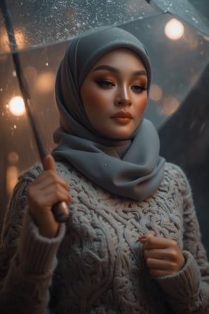 Prompt: In a cinematic setting bathed in moody lighting, a stunning lady wearing a hijab and modestly intricately long knitwear stands confidently amidst torrential rain, her flawless complexion radiating warmth against the grey backdrop. Framed by the rain-soaked environment, she grasps a transparent umbrella, its colors popping against the drizzle. Her defined eyebrows and subtle eyeshadow accentuate her detailed eyes, while invitingly plump lips seem to beckon the viewer. The photorealistic rendering is so lifelike that raindrops glistening on her hijab appear ready to be touched.