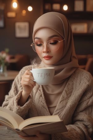 Create an ultra-realistic scene of a Malaysian woman dressed in knitwear, sitting in a cozy café setting. She has her hijab neatly tied. defined eyebrows, subtle eyeshadow, detailed eyes and lips, cream color glossy lips, Her sparkling rectangle-rimmed glasses and beautifully made-up face add to her refined appearance. The woman is engrossed in reading a book while sipping from a steaming hot cup of coffee. The overall atmosphere is warm and artistic, with soft lighting enhancing the cozy ambiance name written 'TEJAA' is cursive bold font, adding a unique and tactile quality to the scene. The portrait is hyperrealistic, captured in 8K resolution with a medium format digital camera, featuring a shallow depth of field and a gentle lens flare, evoking a sense of timeless beauty and grace