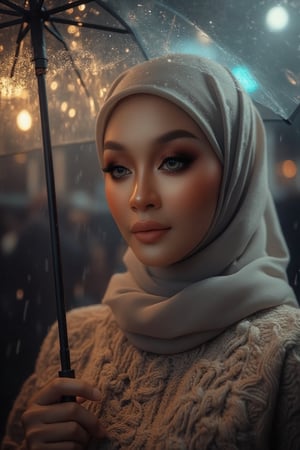 Prompt: In a cinematic setting bathed in moody lighting, a stunning lady wearing a hijab and modestly intricately long knitwear stands confidently amidst torrential rain, her flawless complexion radiating warmth against the grey backdrop. Framed by the rain-soaked environment, she grasps a transparent umbrella, its colors popping against the drizzle. Her defined eyebrows and subtle eyeshadow accentuate her detailed eyes, while invitingly plump lips seem to beckon the viewer. The photorealistic rendering is so lifelike that raindrops glistening on her hijab appear ready to be touched.