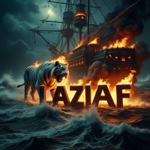 A cinematic shot of a dark and sinister turbulent sea on a completely dark night. In the foreground, a big white tiger is between the flickering flames. The large white tiger breathes fire towards the center of the turbulent ocean and over the word "LAZIAF" which is shown in black three-dimensional letters in bold. The letters are engulfed in a furious hell. Smoke fills the air, adding to the sinister and dramatic atmosphere of the scene, with the pirate ship as the perfect background for this spectacular and electrifying display.