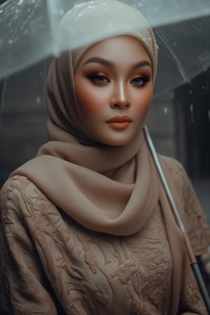 Prompt: In a cinematic setting bathed in moody lighting, a stunning lady wearing a hijab and modestly intricately long knitwear stands confidently amidst torrential rain, her flawless complexion radiating warmth against the grey backdrop. Framed by the rain-soaked environment, she grasps a transparent umbrella, its colors popping against the drizzle. Her defined eyebrows and subtle eyeshadow accentuate her detailed eyes, while invitingly plump lips seem to beckon the viewer. The photorealistic rendering is so lifelike that raindrops glistening on her hijab appear ready to be touched.