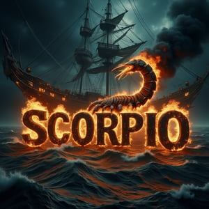 A cinematic shot of a dark and sinister turbulent sea on a completely dark night. In the foreground, a large scorpion is between the flickering flames. The large scorpion breathes fire towards the center of the turbulent ocean and over the word "SCORPIO" which is shown in black three-dimensional letters in bold. The letters are engulfed in a furious hell. Smoke fills the air, adding to the sinister and dramatic atmosphere of the scene, with the pirate ship as the perfect background for this spectacular and electrifying display.