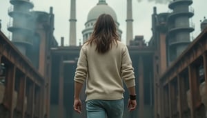 Masterpiece, hyperrealistic, photograph of a man walking toward the camera. BREAK. Gasty, a 50-year-old man with long brown hair slightly messy, muscular, wearing a cream-colored knitted shirt with sleeves rolled up, light blue worn jeans, and a dark brown leather bracelet. He is walking toward the camera, turning his head slightly over his shoulder, looking back at the building behind him. BREAK. The building in the background is large and industrial, a mix of capitol-like architecture with visible gears, chimneys, and industrial pipes. Smoke is rising from the chimneys, creating a sense of pollution and power. The atmosphere is dark, with cold, harsh lighting, and the building is shrouded in smoke.