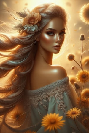 A whimsical digital portrait captures a stunning woman in a 3/4 view, reminiscent of Impasto painting her long, flowing locks dancing with the wind, tinted with subtle color hues. Adorned in bohemian attire, she stands amidst a kaleidoscope of colors, and rich dandelions. A dry flower elegantly woven into her braided hair adds an air of mystique, and golden sunlight to her skin. The composition is set against a warm, sunlit backdrop, the wind whispers secrets as the subject's gaze meets the viewer's, exuding a captivating blend of femininity and natural beauty.