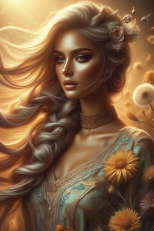 A whimsical digital portrait captures a stunning woman in a 3/4 view, reminiscent of Impasto painting her long, flowing locks dancing with the wind, tinted with subtle color hues. Adorned in bohemian attire, she stands amidst a kaleidoscope of colors, and rich dandelions. A dry flower elegantly woven into her braided hair adds an air of mystique, and golden sunlight to her skin glow with an otherworldly radiance. The composition is set against a warm, sunlit backdrop, the wind whispers secrets as the subject's gaze meets the viewer's, exuding a captivating blend of femininity and natural beauty.