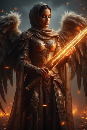 A divine archangel stands amidst a darkened sky, hijab flowing like a celestial banner behind her. Radiant sword gleams with kinetic energy as it slashes through the air, ethereal armor aglow with an otherworldly light casting an eerie glow on her features. The sword's blazing speed leaves a trail of fiery sparks and embers suspended in mid-air, time frozen, emphasizing the intensity of her strike.