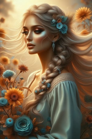 A whimsical digital portrait captures a stunning woman in a 3/4 view, reminiscent of Impasto painting her long, flowing locks dancing with the wind, tinted with subtle cyan hues. Adorned in baby blue bohemian attire, she stands amidst a kaleidoscope of orange, cyan, and rich brown flowers. A peacock feather elegantly woven into her braided hair adds an air of mystique, and golden sunlight to her skin. The composition is set against a warm, sunlit backdrop, the wind whispers secrets as the subject's gaze meets the viewer's, exuding a captivating blend of femininity and natural beauty.