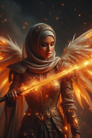 A divine archangel, hijab flowing behind her like a celestial banner, unleashes a burst of kinetic energy as she slashes her radiant sword through the darkened sky. Ethereal armor glows with an otherworldly light, casting an ethereal glow on her features. The sword's blazing speed leaves a trail of fiery sparks and embers suspended in mid-air, as if time itself has been frozen, emphasizing the intensity of her strike.