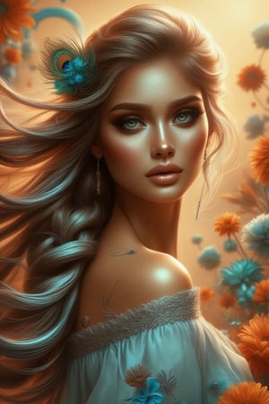 A whimsical digital portrait captures a stunning woman in a 3/4 view, reminiscent of Impasto painting her long, flowing locks dancing with the wind, tinted with subtle cyan hues. Adorned in baby blue bohemian attire, she stands amidst a kaleidoscope of orange, cyan, and rich brown flowers. A peacock feather elegantly woven into her braided hair adds an air of mystique, and golden sunlight to her skin. The composition is set against a warm, sunlit backdrop, the wind whispers secrets as the subject's gaze meets the viewer's, exuding a captivating blend of femininity and natural beauty.