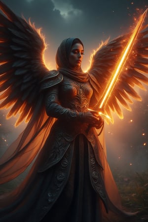 A divine archangel stands amidst a darkened sky, hijab flowing like a celestial banner behind her. Radiant sword gleams with kinetic energy as it slashes through the air, ethereal armor aglow with an otherworldly light casting an eerie glow on her features. The sword's blazing speed leaves a trail of fiery sparks and embers suspended in mid-air, time frozen, emphasizing the intensity of her strike.